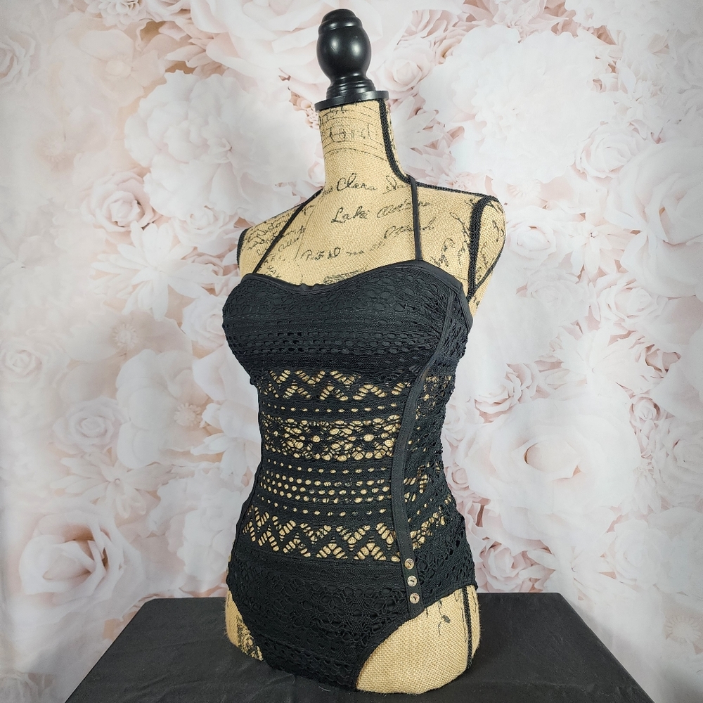 NWOT Black Fishnet One Piece Halter Bathing Suit - Picture 2 of 14